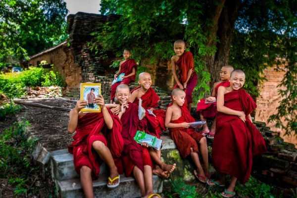Novice monks on the grounds of their monestary, Bagan, Myanmar
